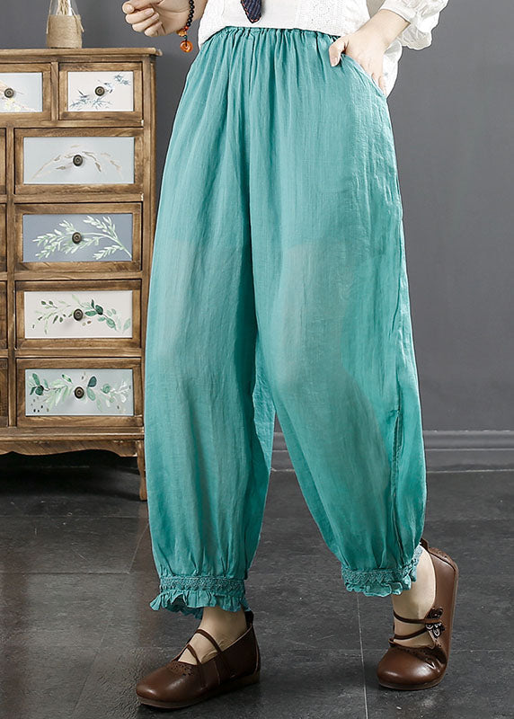 Women Lake Blue Ruffled Patchwork Ramie Harem Pants Summer