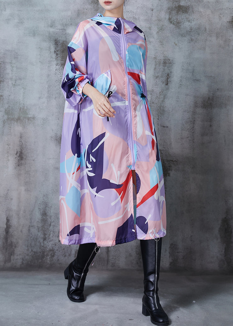 Women Lavende Oversized Print Drawstring Spandex Trench Fall