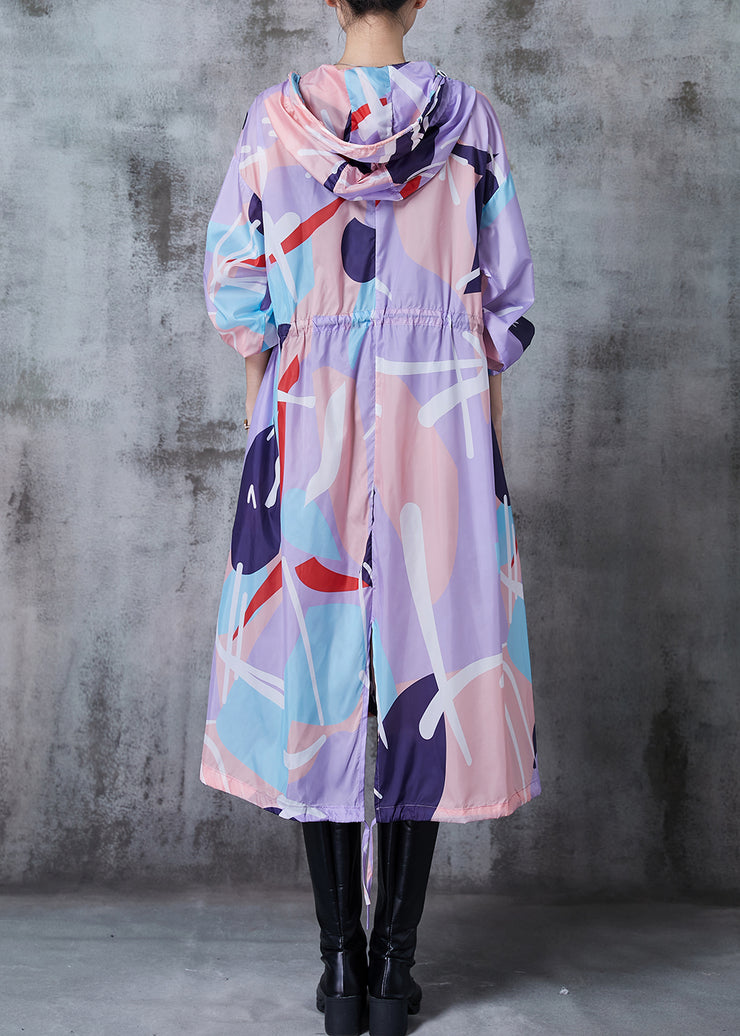 Women Lavende Oversized Print Drawstring Spandex Trench Fall