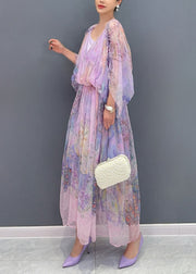 Women Lavender U Neck Print Patchwork Long Dresses Summer