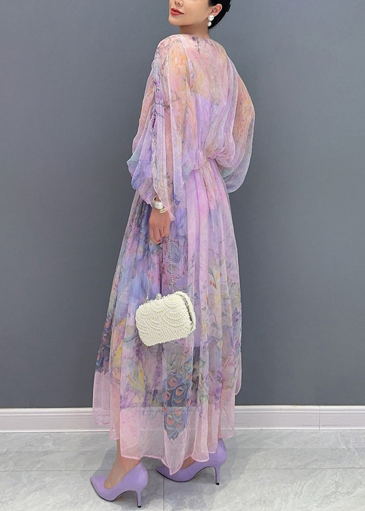 Women Lavender U Neck Print Patchwork Long Dresses Summer