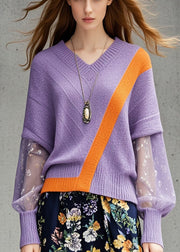 Women Lavender V Neck Patchwork Knit Sweater Tops Fall