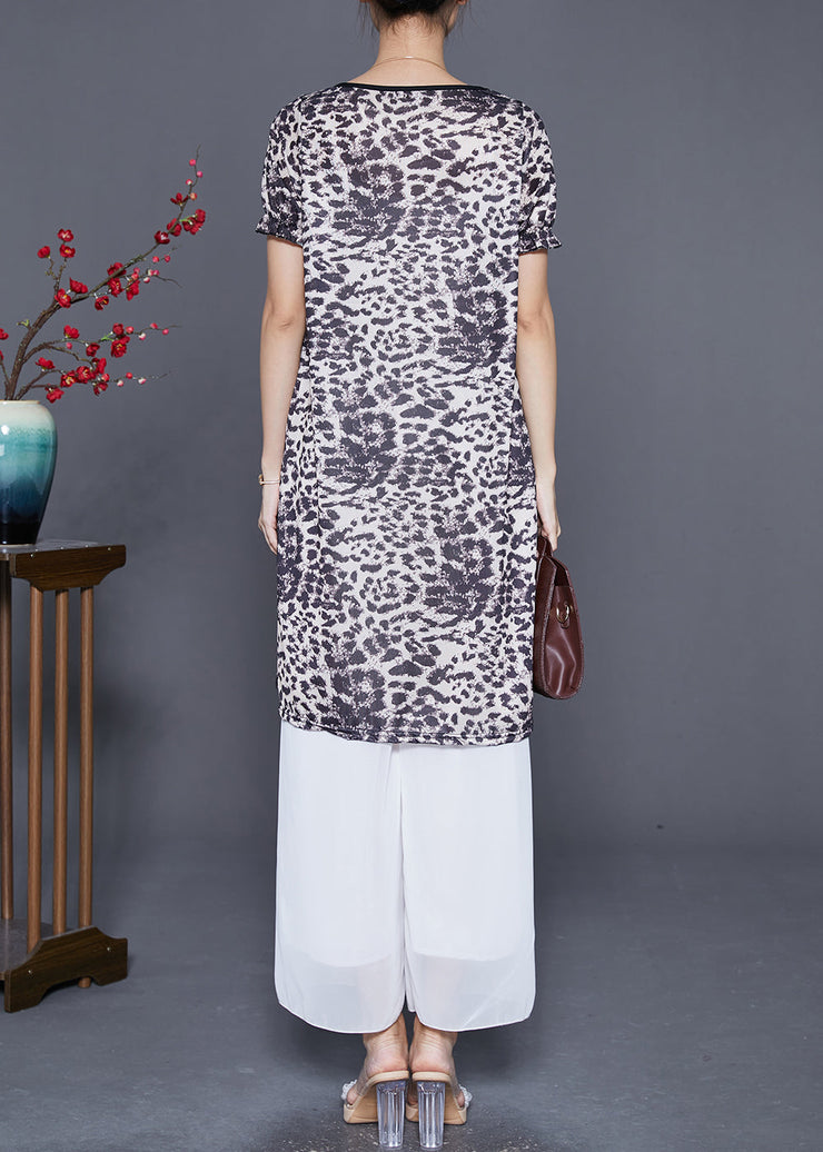 Women Leopard Patchwork Smiling Face Zircon Chiffon Dress Summer