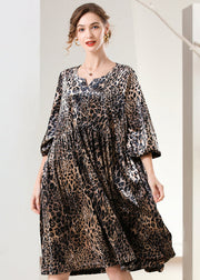 Women Leopard Print Oversized Silk Velour Holiday Dress Spring