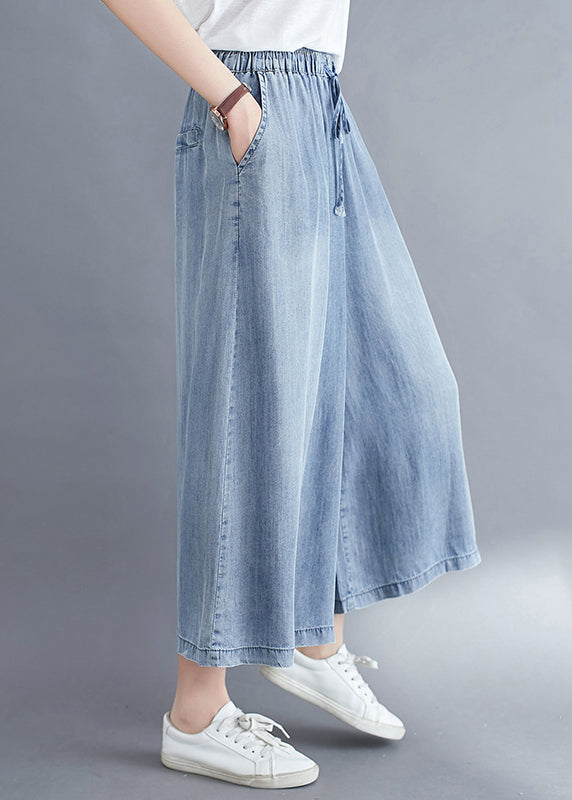 Women Light Blue Elastic Waist Draping Denim Wide Leg Pants Summer