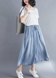 Women Light Blue Elastic Waist Draping Denim Wide Leg Pants Summer