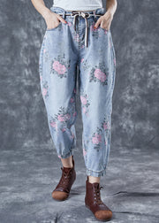 Women Light Blue Elastic Waist Print Denim Harem Pants Summer