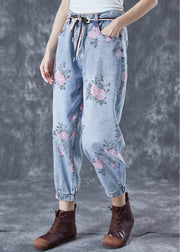 Women Light Blue Elastic Waist Print Denim Harem Pants Summer