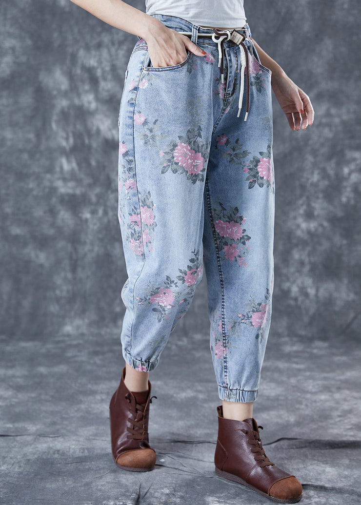 Women Light Blue Elastic Waist Print Denim Harem Pants Summer