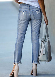 Women Light Blue High Waist Denim Ripped Pants Trousers Summer