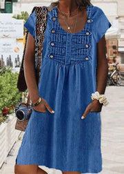 Women Light Blue O Neck Wrinkled Patchwork Denim Dress Summer