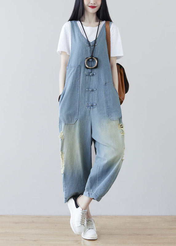 Women Light Blue Oriental Button Ripped Cotton Denim Jumpsuit Spring