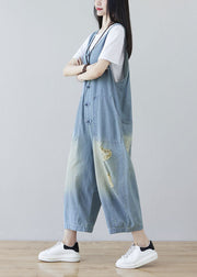 Women Light Blue Oriental Button Ripped Cotton Denim Jumpsuit Spring