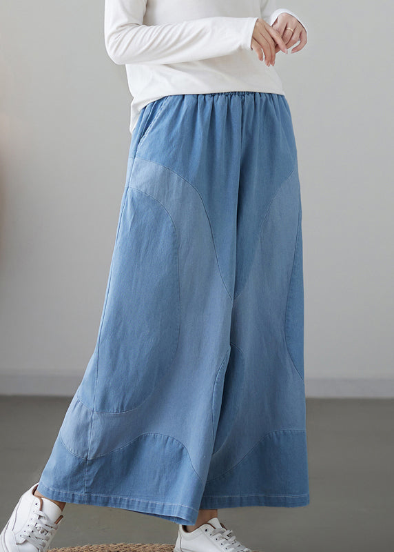 Women Light Blue Pockets Elastic Waist Denim Wide Leg Pants Fall