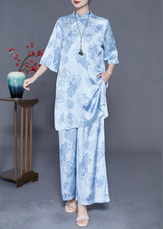 Women Light Blue Print Draping Chinese Style Silk Two Pieces Set Summer