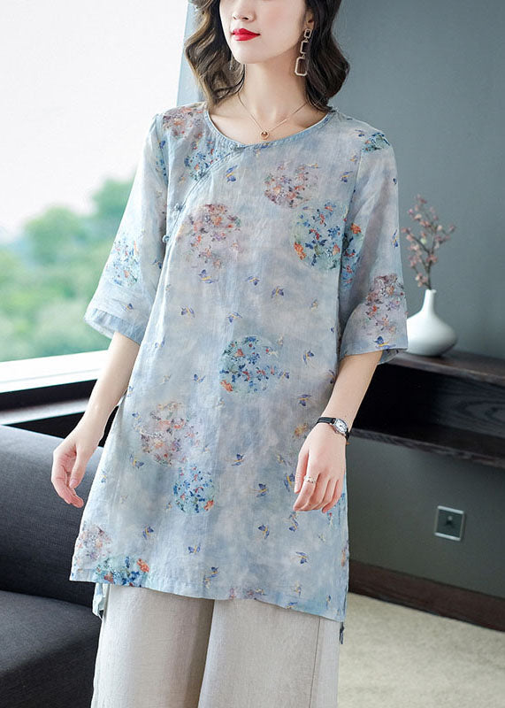 Women Light Blue Print Patchwork Linen Two Pieces Set Summer