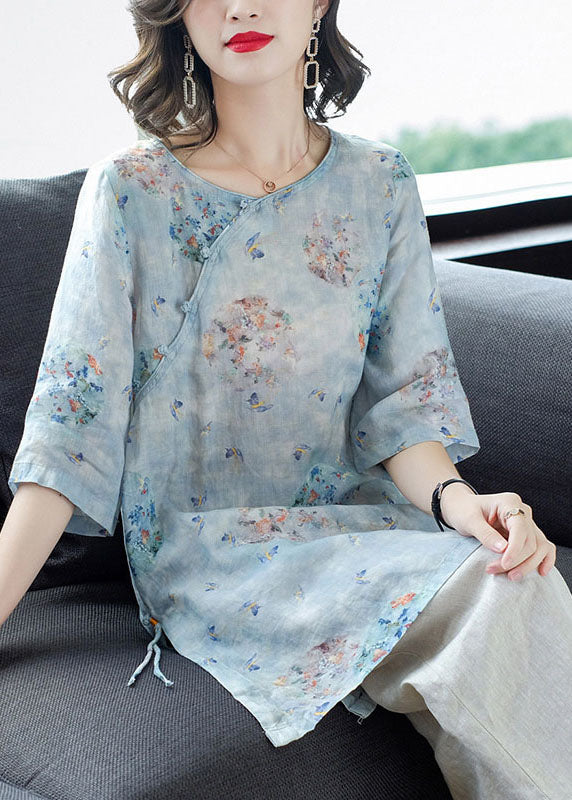 Women Light Blue Print Patchwork Linen Two Pieces Set Summer