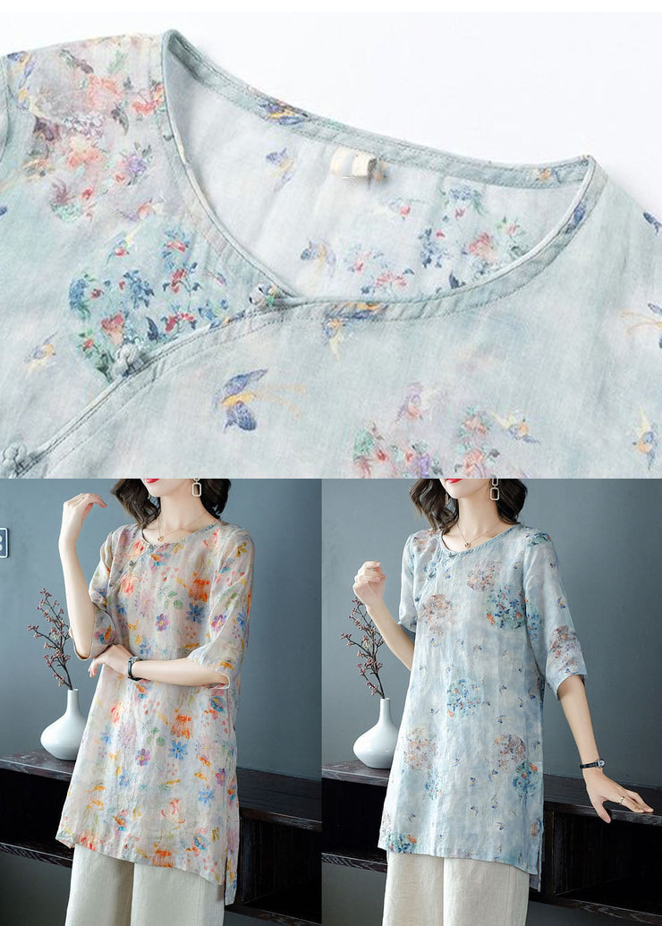 Women Light Blue Print Patchwork Linen Two Pieces Set Summer