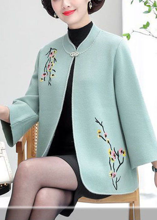 Women Light Blue Stand Collar Embroideried Woolen Cardigans Long Sleeve