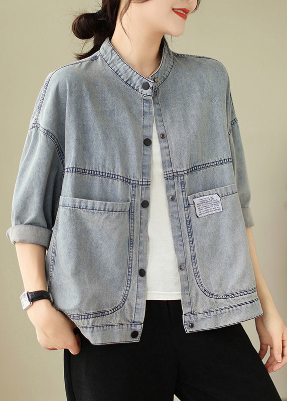 Women Light Blue Stand Collar Pockets Denim Jackets Spring