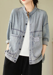 Women Light Blue Stand Collar Pockets Denim Jackets Spring