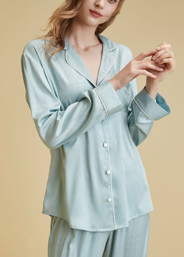 Women Light Blue V Neck Button Ice Silk Pajamas Two Pieces Set Long Sleeve