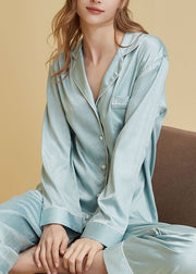 Women Light Blue V Neck Button Ice Silk Pajamas Two Pieces Set Long Sleeve