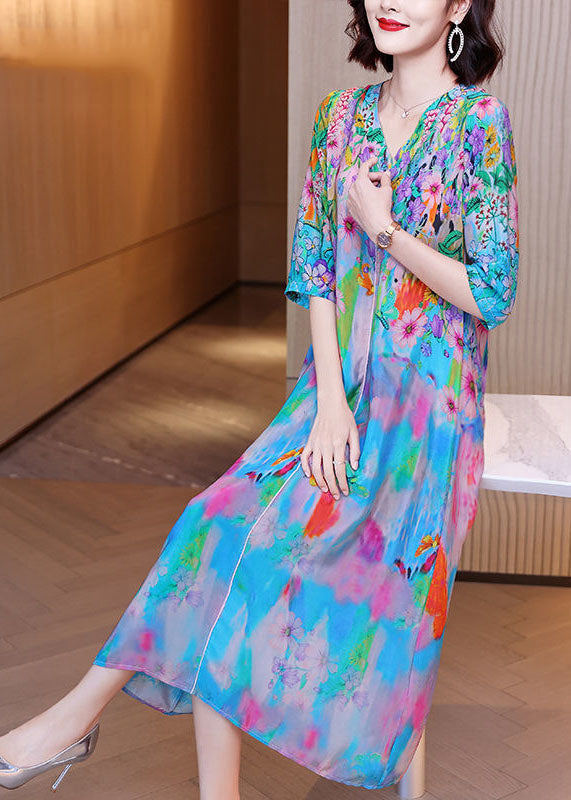 Women Light Blue V Neck Patchwork Print Silk Maxi Dresses Half Sleeve