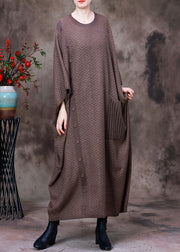 Women Light Chocolate O-Neck Button Pockets Cashmere Maxi Dress Long Sleeve