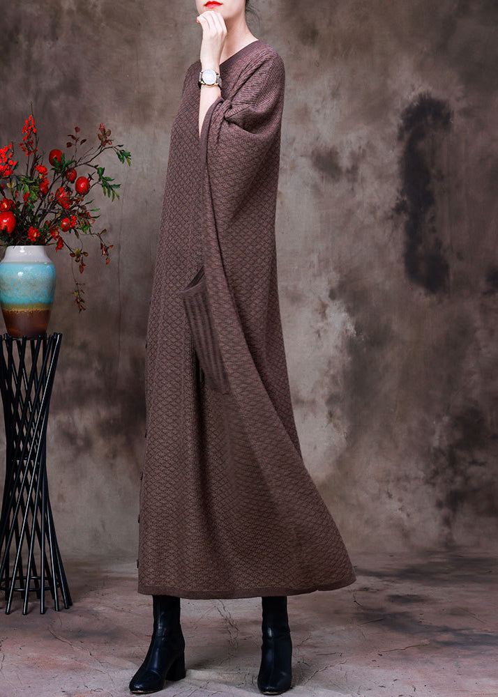 Women Light Chocolate O-Neck Button Pockets Cashmere Maxi Dress Long Sleeve