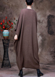 Women Light Chocolate O-Neck Button Pockets Cashmere Maxi Dress Long Sleeve