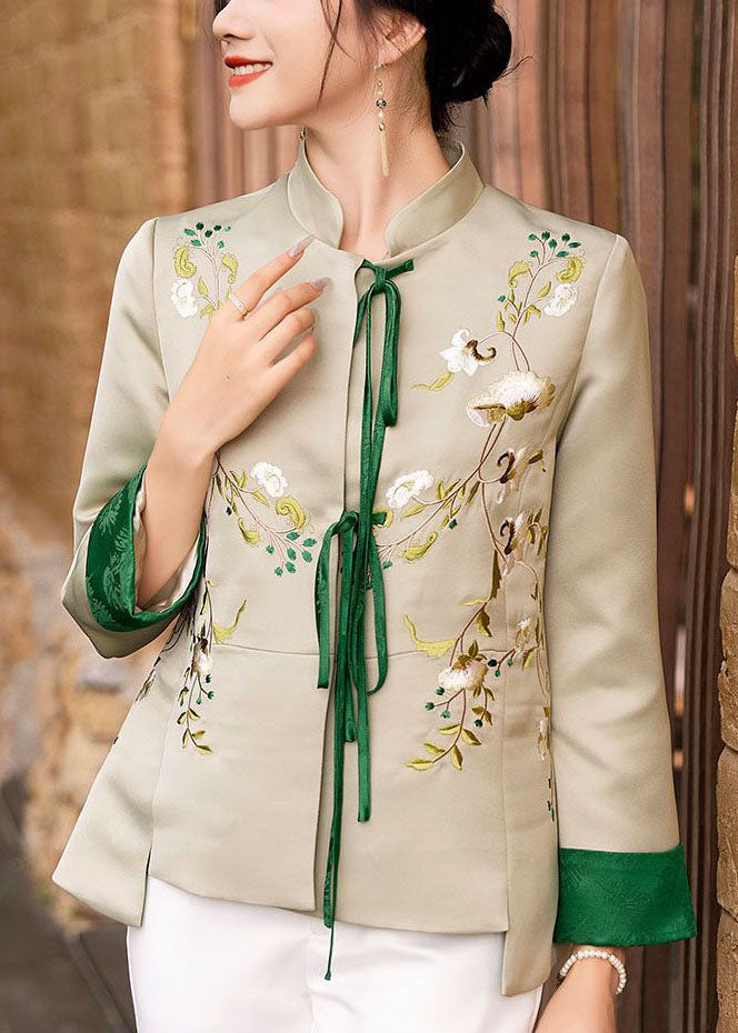 Women Light Green Embroideried Lace Up Silk Coat Spring