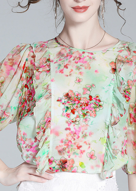 Women Light Green O-Neck Ruffled Print Silk Shirts Half Sleeve