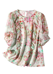 Women Light Green O-Neck Ruffled Print Silk Shirts Half Sleeve