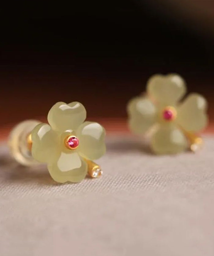 Women Light Green Sterling Silver Jade Zircon Four Leaf Clover Stud Earrings