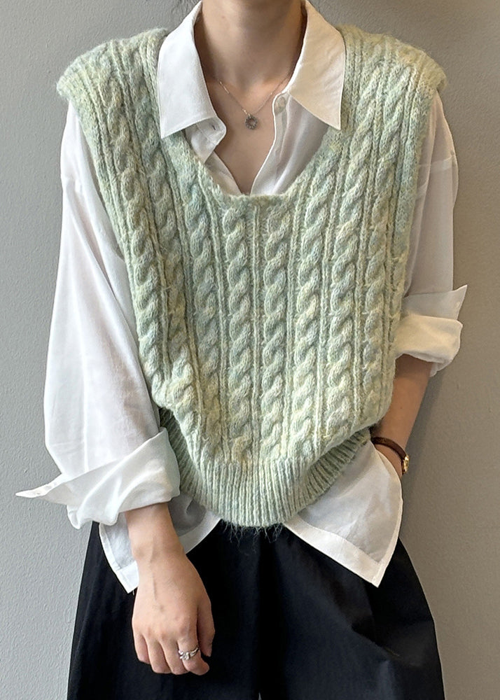 Women Light Green U Neck Cable Knit Vest Sleeveless