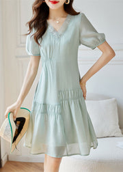 Women Light Green Wrinkled Patchwork Cotton Dresses Summer