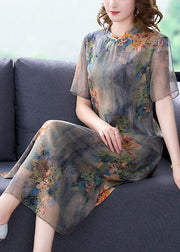 Women Light Grey Stand Collar Tie Dye Print Slim Fit Silk Dress Summer