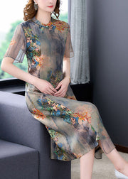 Women Light Grey Stand Collar Tie Dye Print Slim Fit Silk Dress Summer