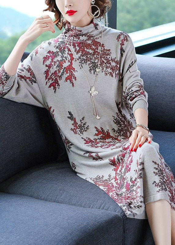 Women Light Grey Turtle Neck Oversized Print Knit Sweater Dress Winter