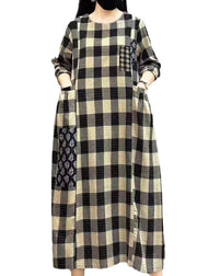 Women Light Plaid O-Neck Pockets Print Patchwork Maxi Dress Long Sleeve