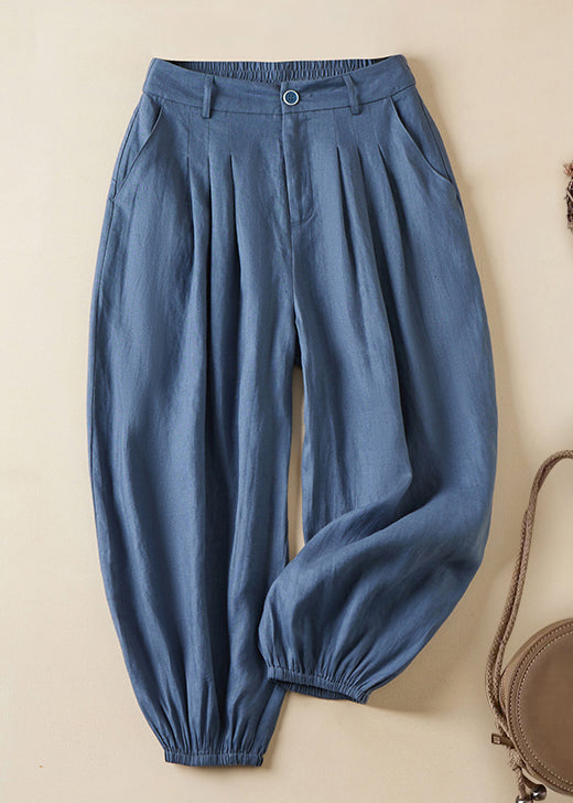 Women Linen Pockets Solid Elastic Waist Linen Crop Pants Summer