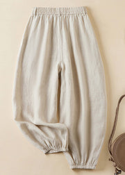 Women Linen Pockets Solid Elastic Waist Linen Crop Pants Summer