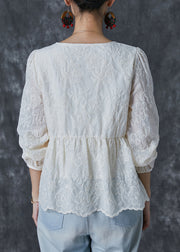 Women Milk White V Neck Embroidered Cotton Shirt Summer