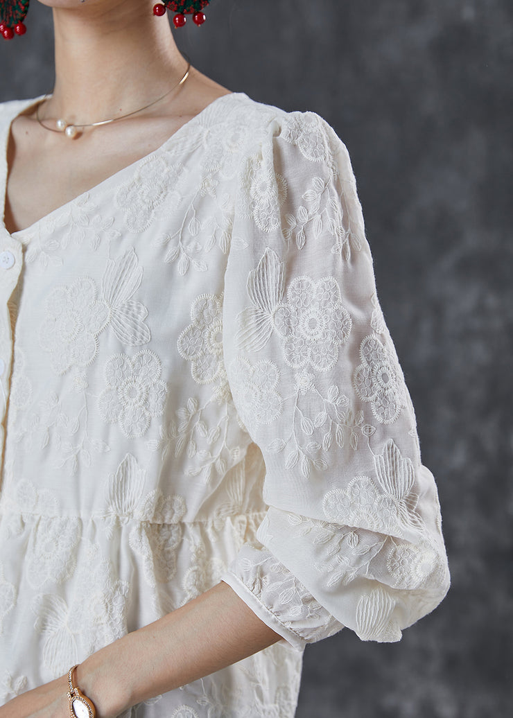 Women Milk White V Neck Embroidered Cotton Shirt Summer