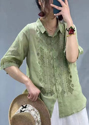 Women Mulberry Embroideried Slim Fit Linen Shirt Tops Half Sleeve