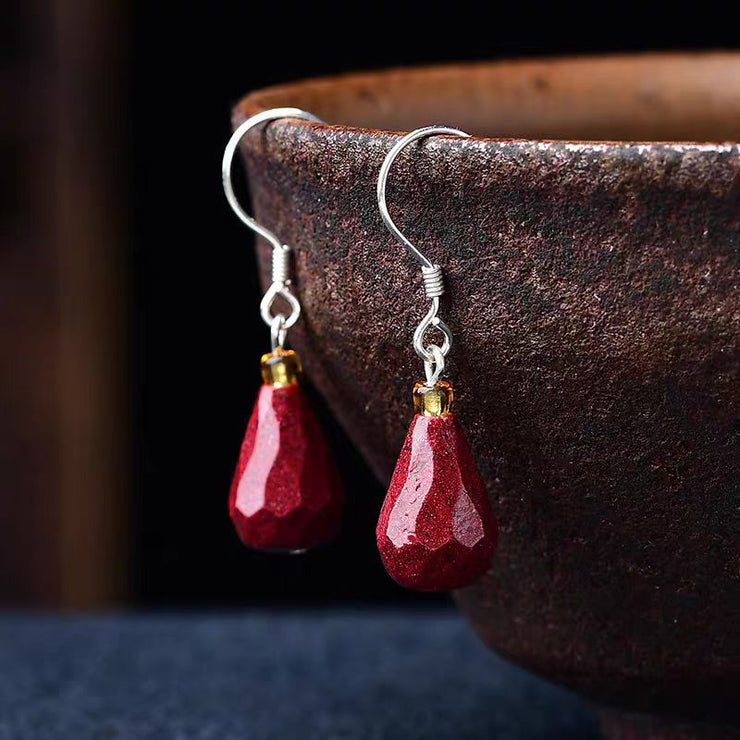 Women Mulberry Sterling Silver Cinnabar Water Drop Drop Earrings