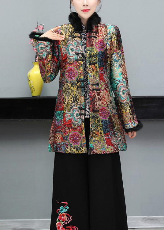 Women Multicolor Chinese Button Fine Cotton Filled Coat Long Sleeve