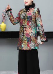 Women Multicolor Chinese Button Fine Cotton Filled Coat Long Sleeve