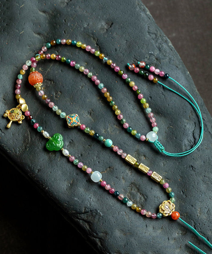 Women Multicolour Hand Woven Beading Jade Tassel Pendant Necklace